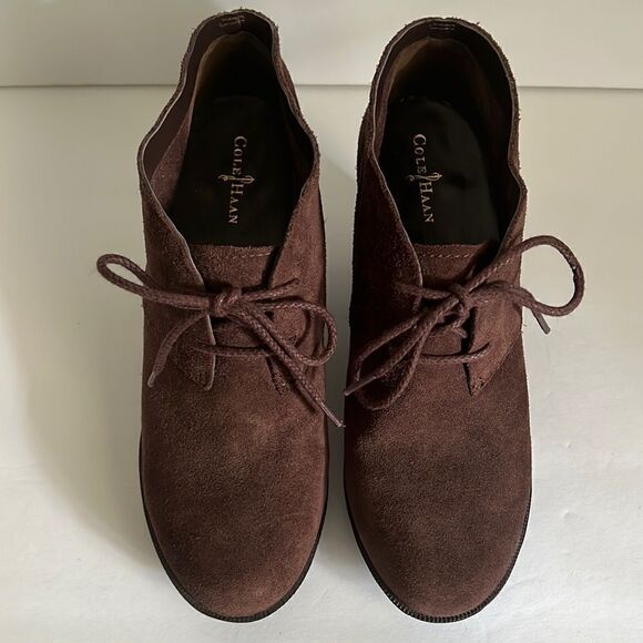 Cole Haan Brown Suede Wedge Heel Lace Up Booties Size 7.5 - Picture 4 of 14